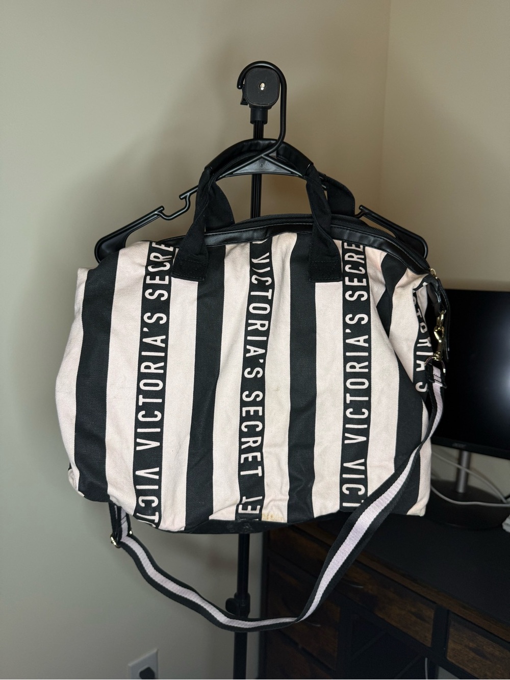 Victoria's Secret Black and Baby Pink Striped Travel Tote